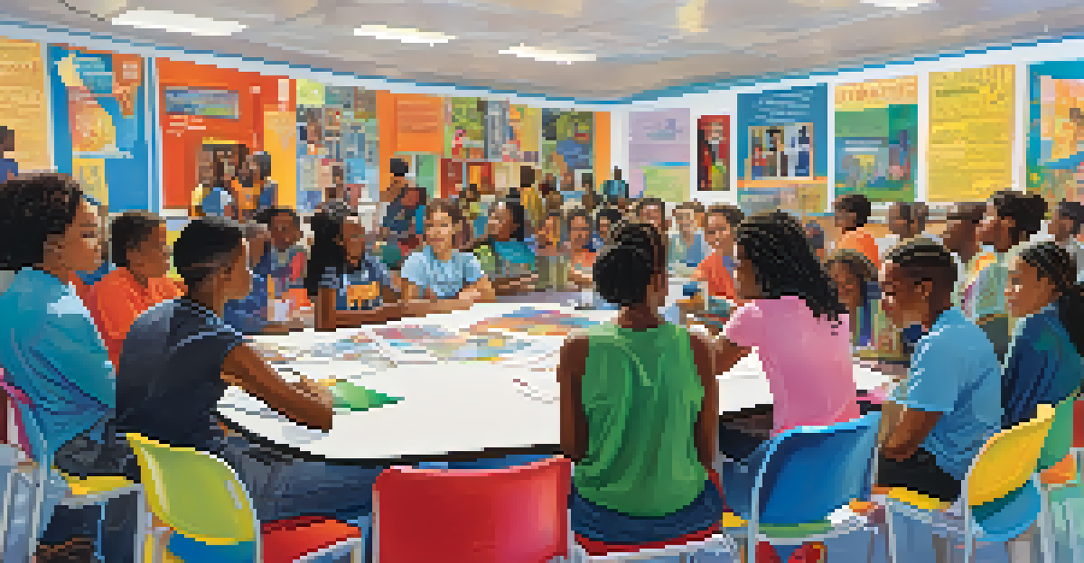Diverse young individuals participating in a youth council meeting in a colorful community center focused on civil rights discussions.
