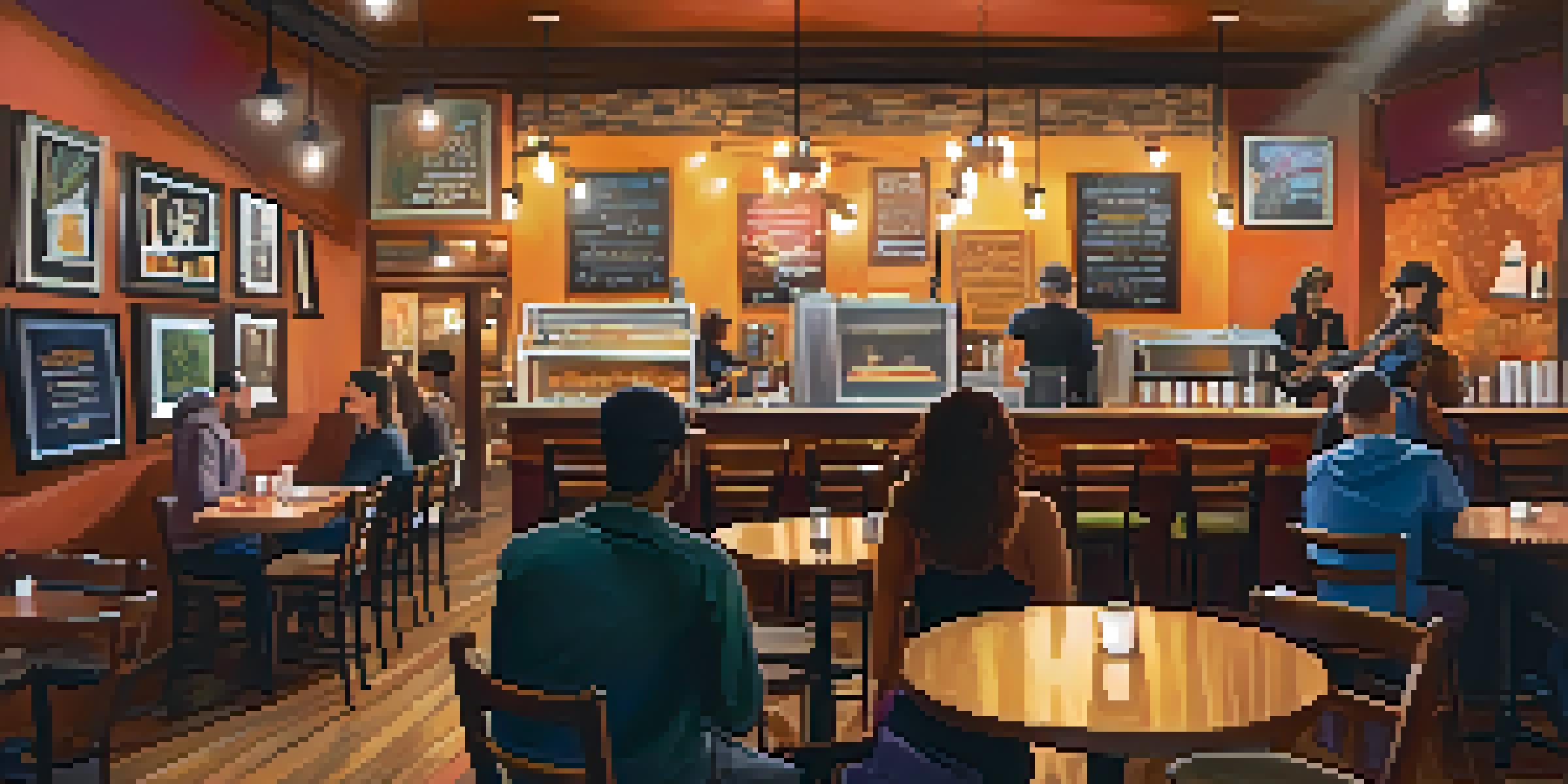A lively coffee shop during an open mic night, with warm lighting, patrons enjoying music, and colorful artwork on the walls.