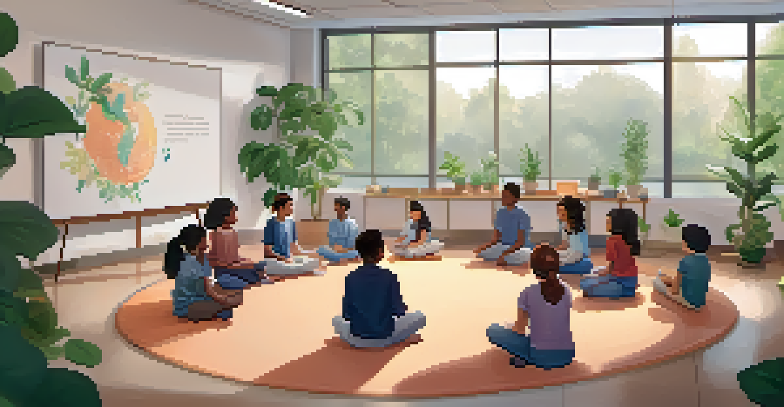 A peaceful classroom where students practice mindfulness exercises in a circle, guided by a teacher in a calming environment.