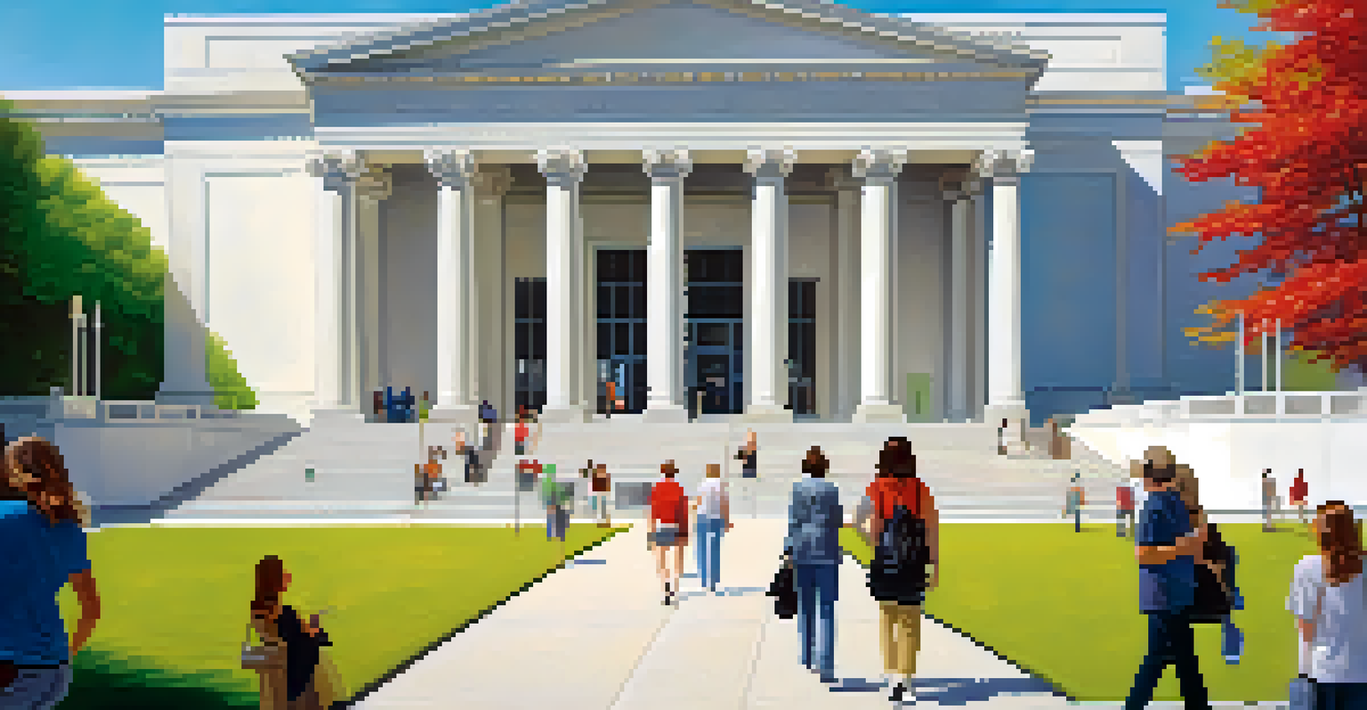 The entrance of the Albright-Knox Art Gallery with visitors and outdoor art installations in a colorful garden setting.