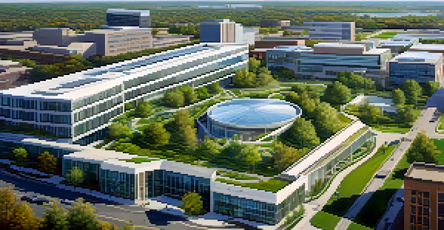 Aerial view of the Buffalo Niagara Medical Campus, showcasing modern buildings and green spaces within the city.