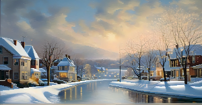 A winter scene in Buffalo, New York, with heavy snowfall, snow-covered trees, and a quiet street of houses, under a cloudy sky.