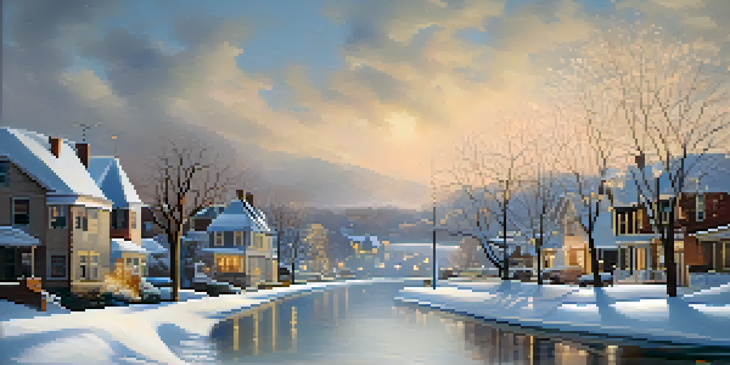 A winter scene in Buffalo, New York, with heavy snowfall, snow-covered trees, and a quiet street of houses, under a cloudy sky.