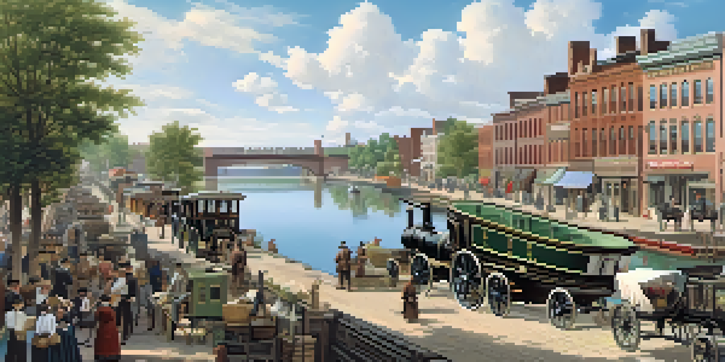 A historical depiction of the Erie Canal in Buffalo, featuring steam-powered boats and people in 19th-century clothing engaged in trade activities.