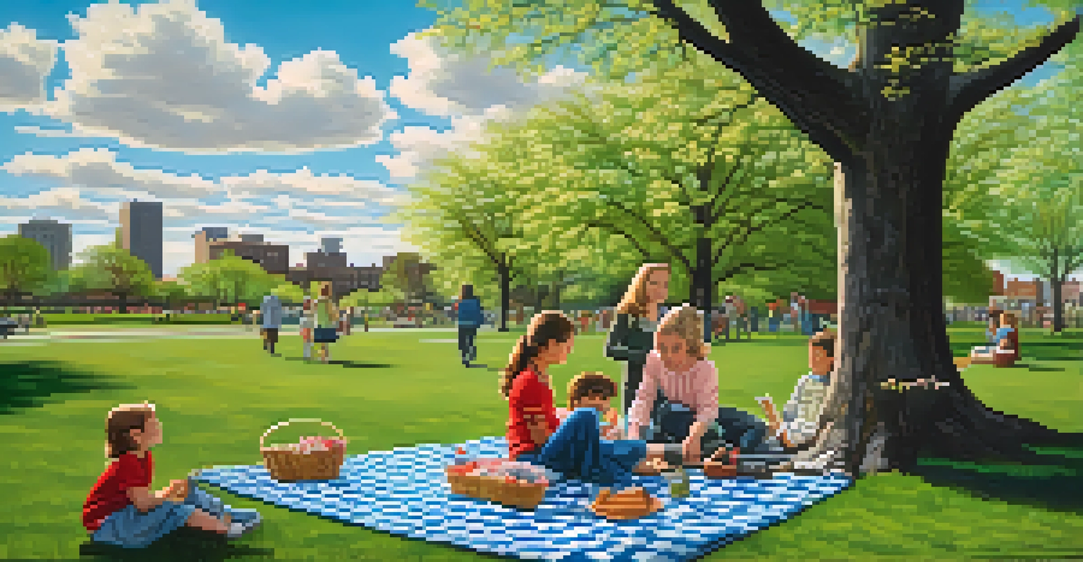 A beautiful spring day in Buffalo's park with blooming flowers, a family having a picnic, and children playing.