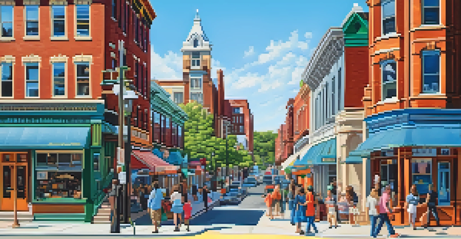 A lively street scene in Allentown with Victorian houses, people, and shops.