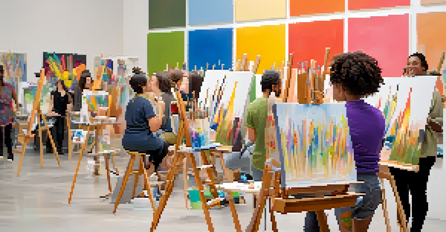 Participants of various ages engaged in a community art workshop inside a gallery, with easels and colorful art supplies.