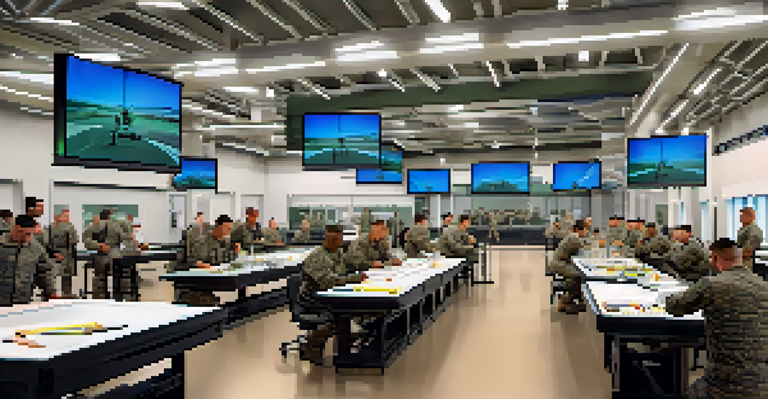 Interior of a modern military training facility in Buffalo with service members engaged in hands-on training and advanced technology.