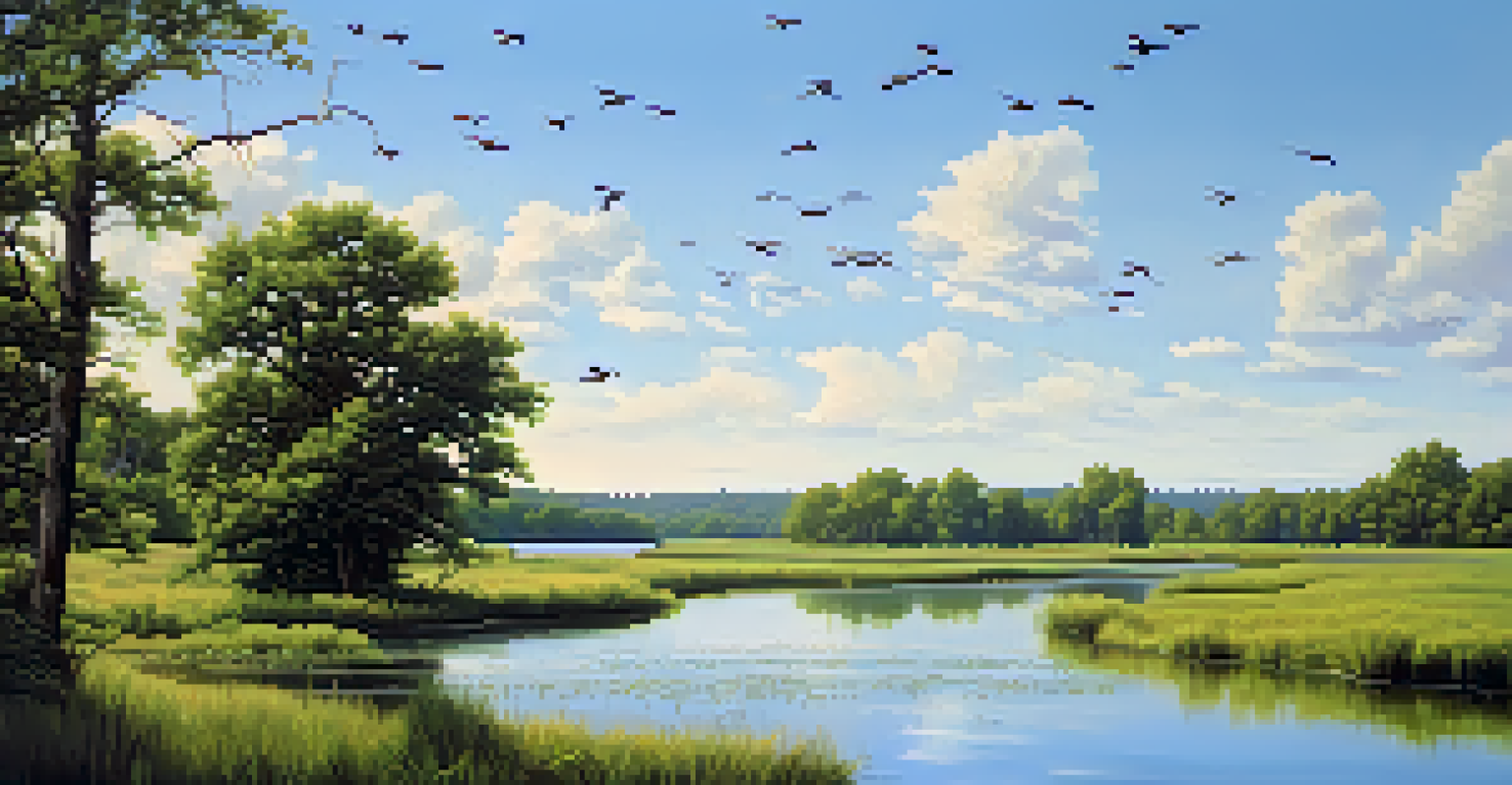 A peaceful view of the Buffalo River with birds flying overhead and deer grazing near the water, surrounded by lush greenery and wildflowers.