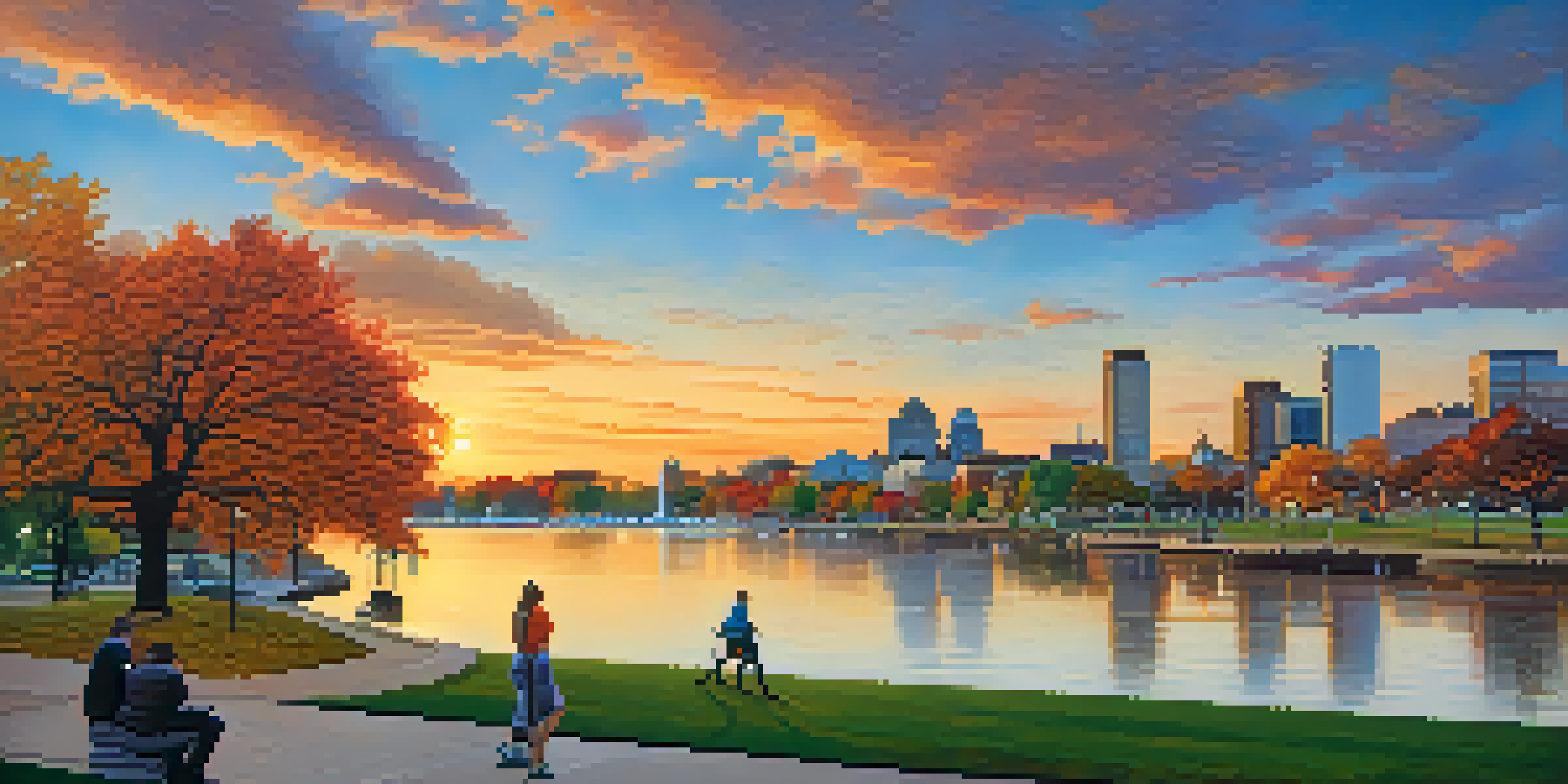 A sunset view of Buffalo's skyline with a park in the foreground filled with people and colorful autumn trees.