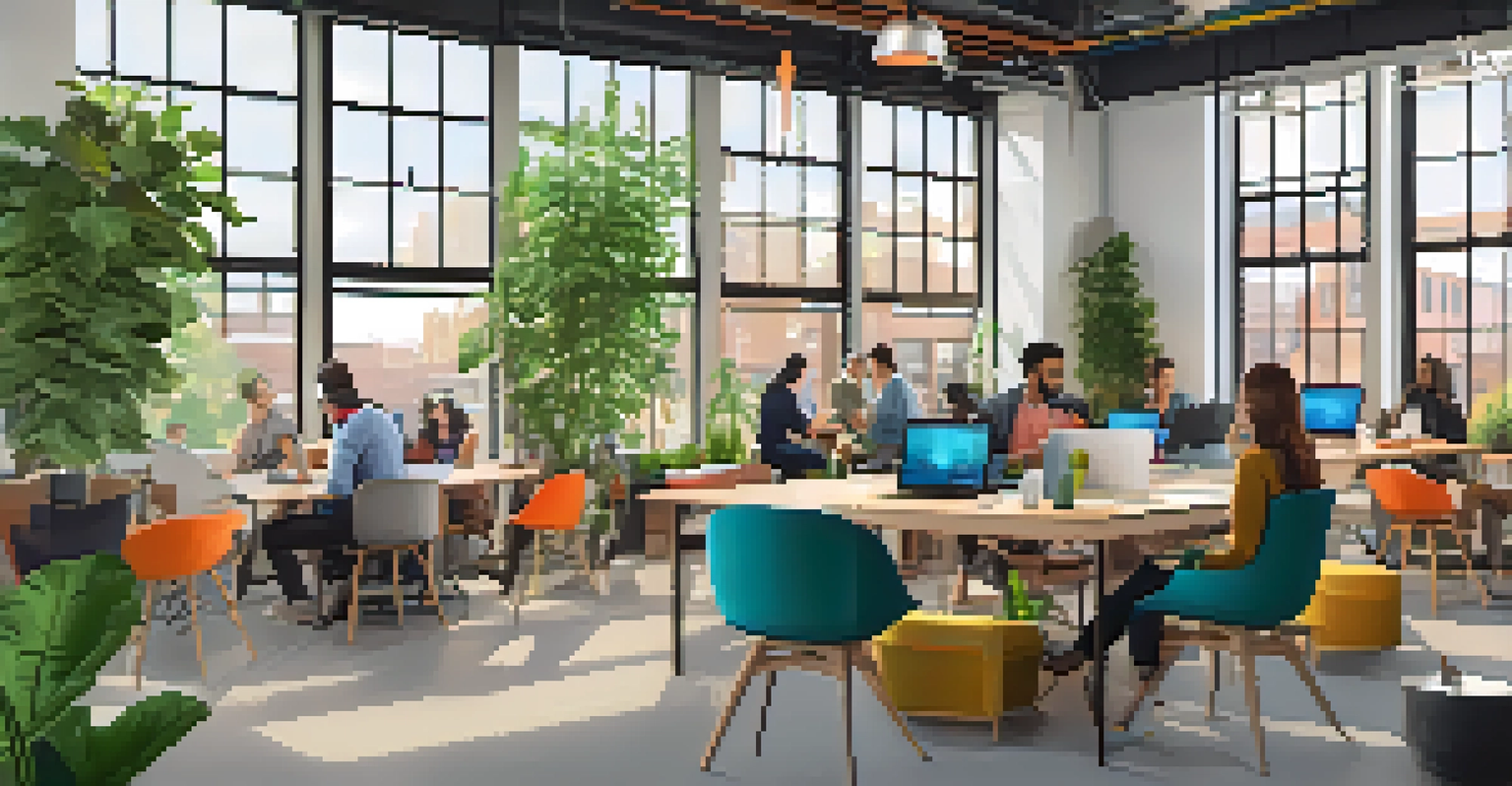 An interior of a bright and lively coworking space in Buffalo with young professionals collaborating.