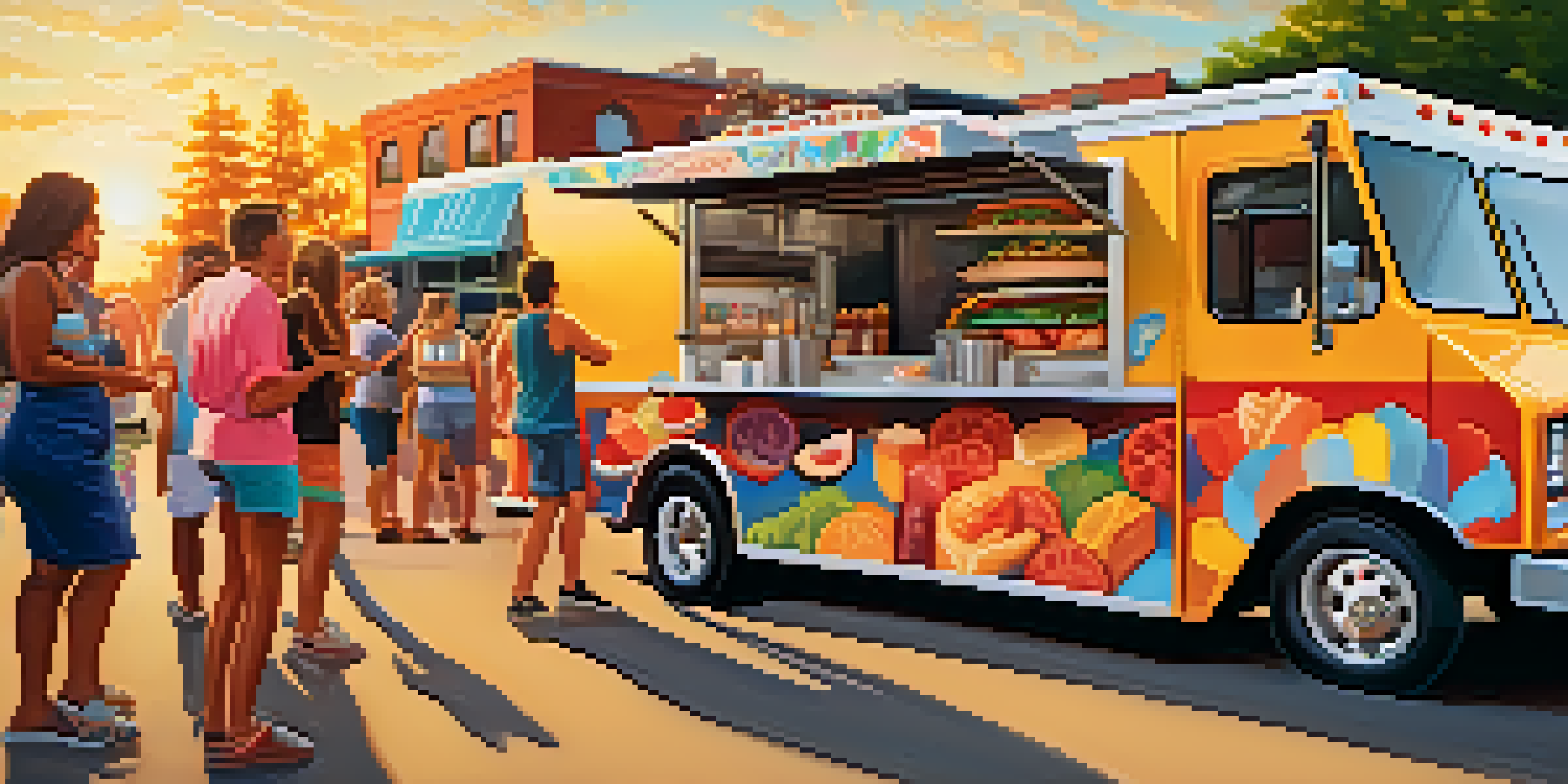 A busy summer food truck festival in Buffalo with colorful trucks and people enjoying various foods under a sunset.