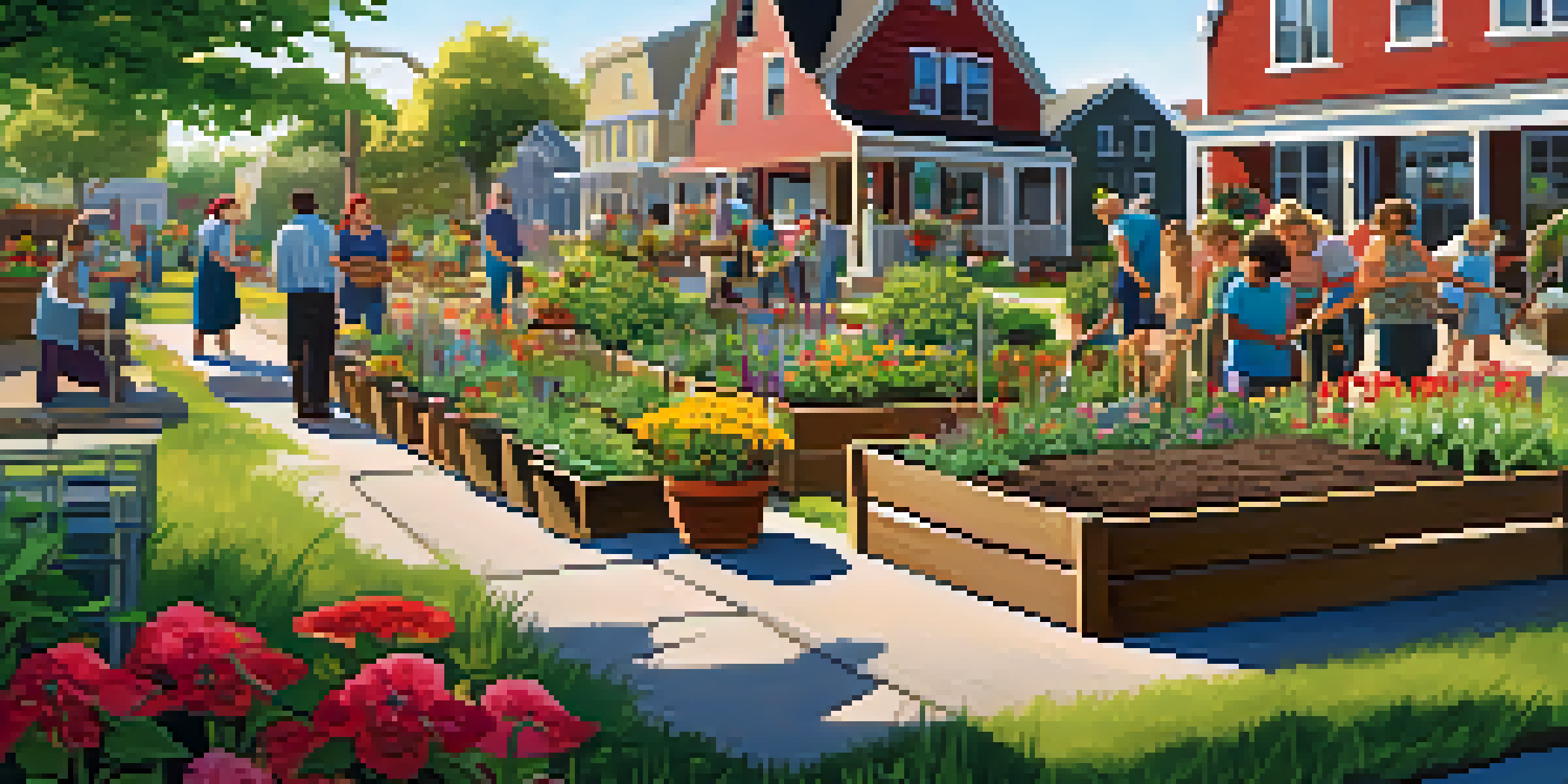 A diverse group of people working together in a colorful community garden, planting seeds and watering plants under warm sunlight.