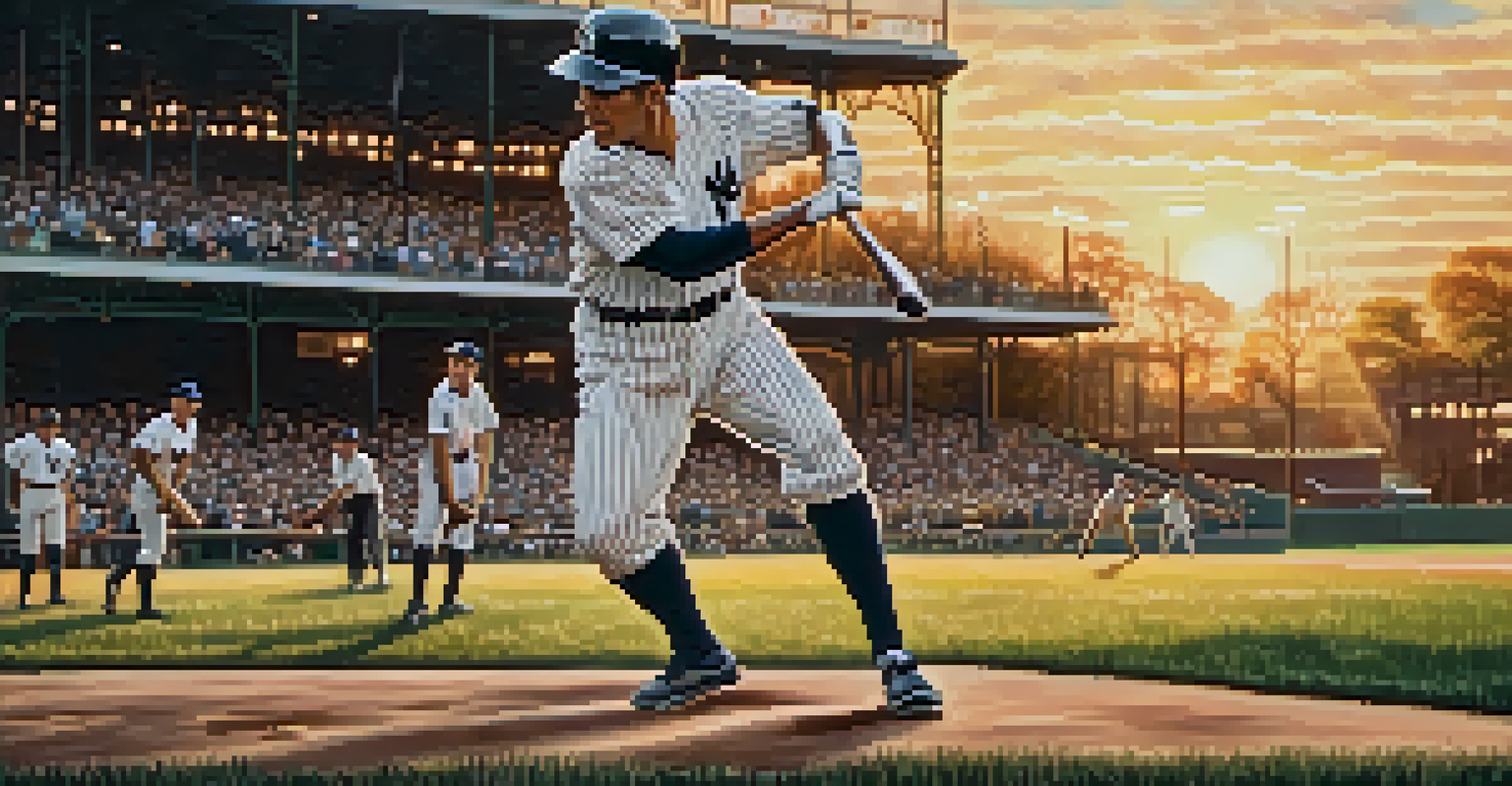 A baseball player swinging a bat in a vintage ballpark during sunset, with fans watching in the background.