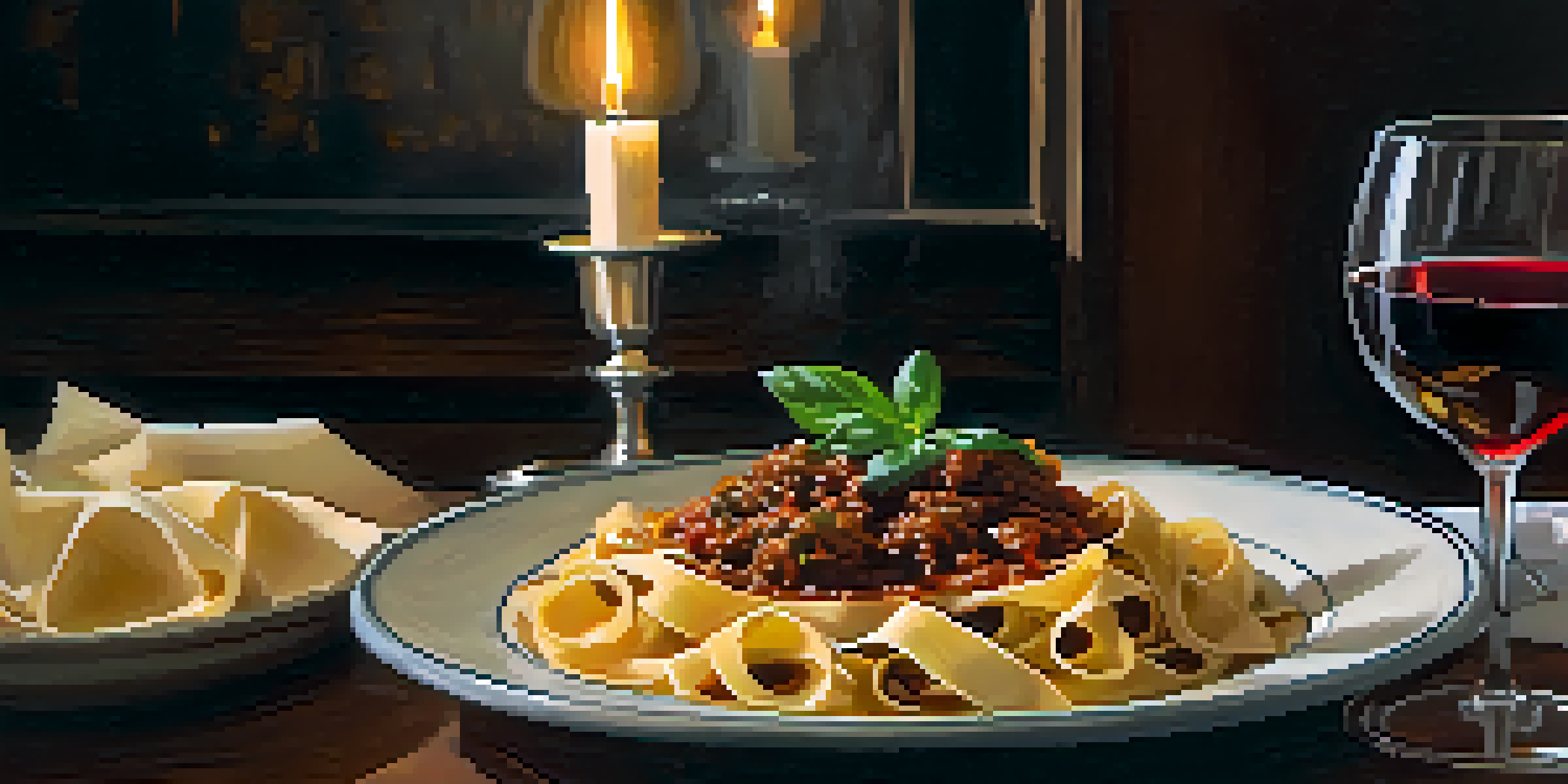 Interior of a cozy Italian restaurant with rustic decor and a plate of pappardelle with wild boar ragu on the table.
