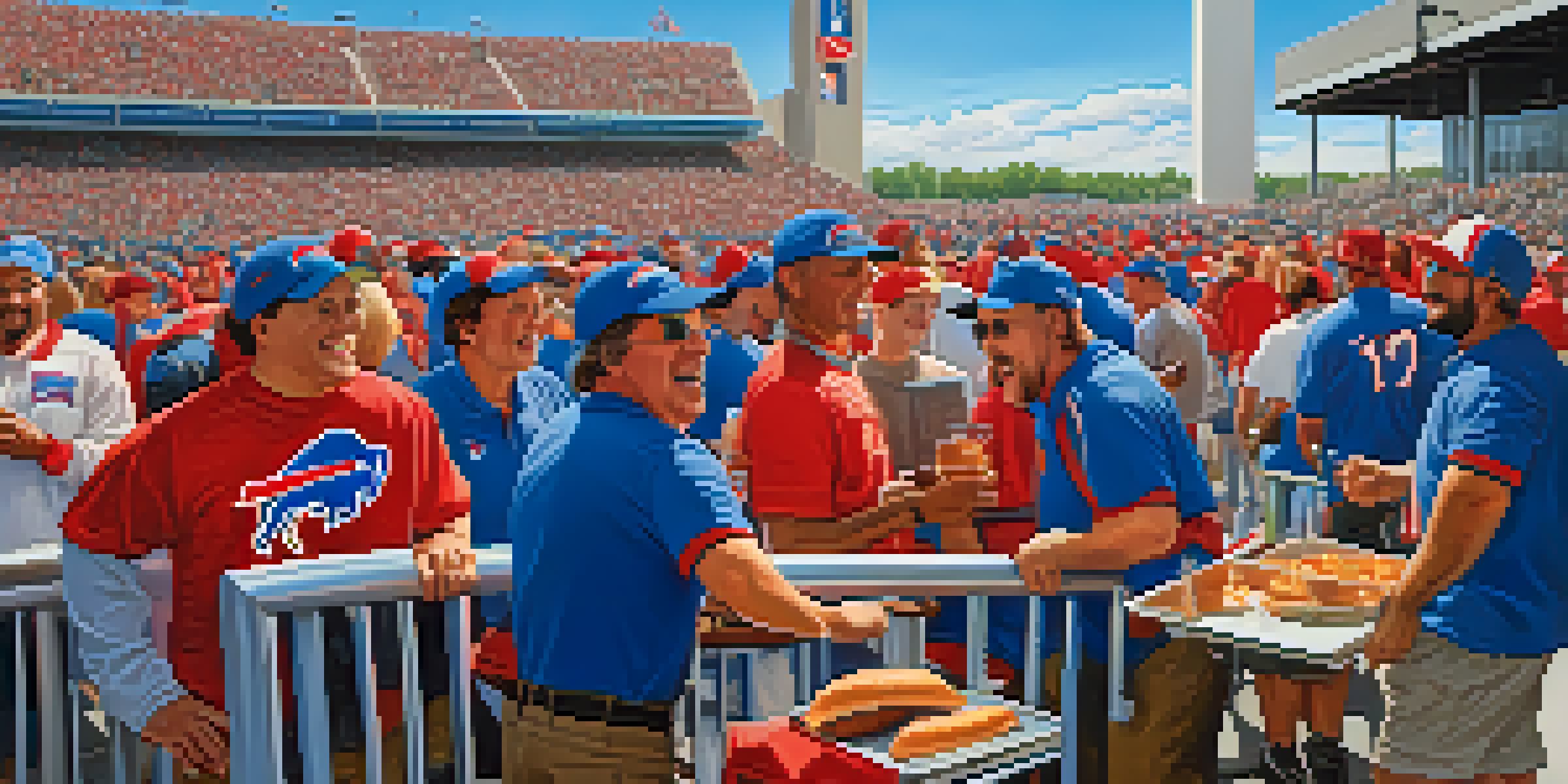 A lively gathering of Buffalo Bills fans tailgating with grills and team colors outside Highmark Stadium, showcasing joy and community spirit.