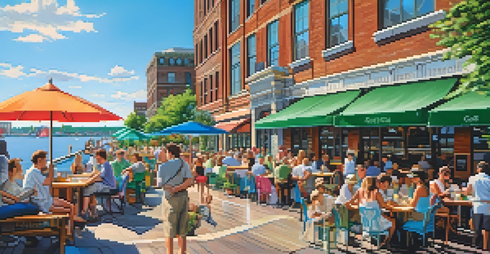 A lively waterfront scene in Buffalo with outdoor cafes, people relaxing, and historic buildings in the background under a sunny sky.