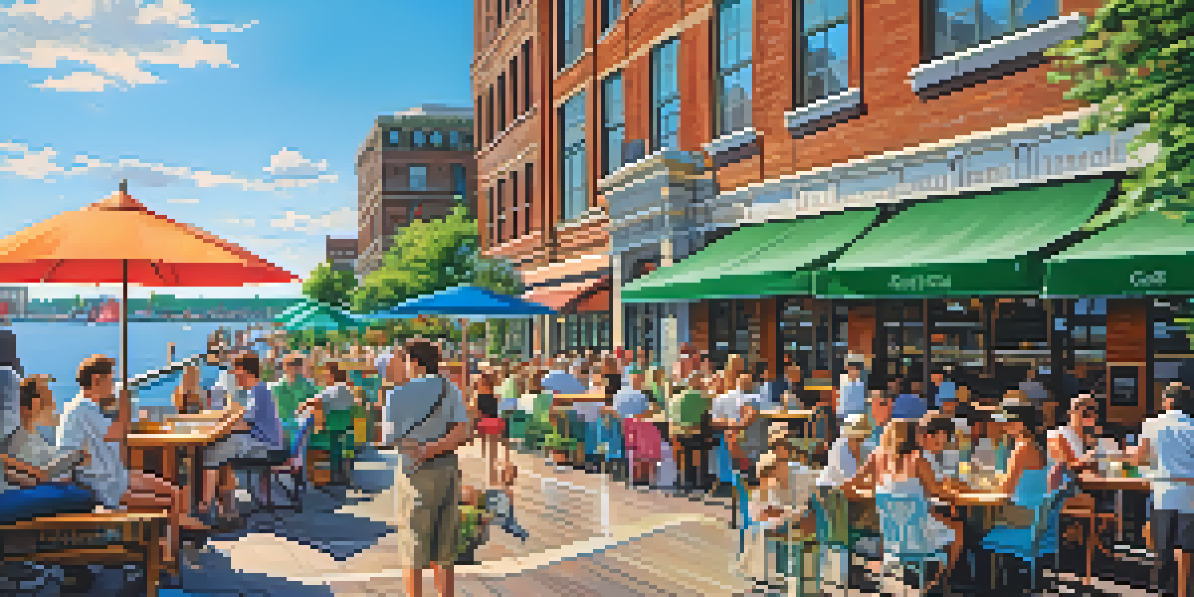 A lively waterfront scene in Buffalo with outdoor cafes, people relaxing, and historic buildings in the background under a sunny sky.