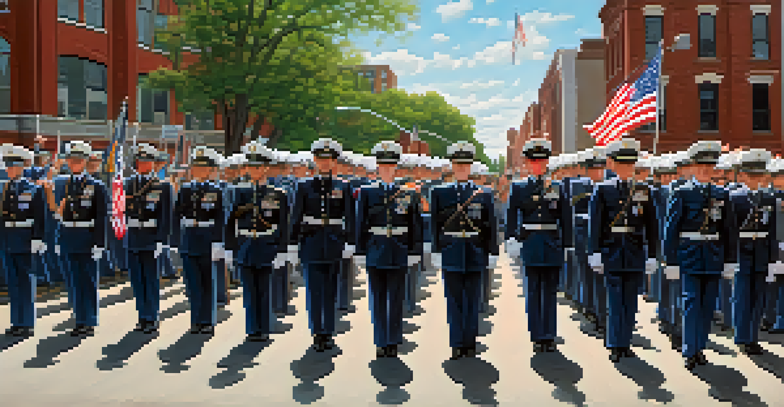 A respectful Memorial Day Parade scene with veterans in uniforms, local bands, and attendees waving flags in Buffalo.