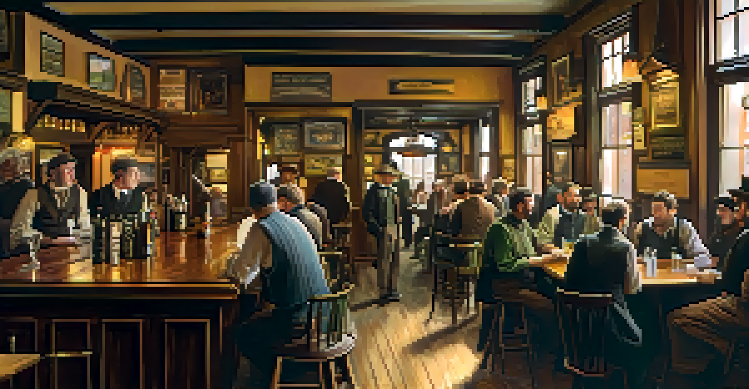 An inviting interior of a historic Irish pub in Buffalo, featuring patrons enjoying drinks, musicians playing, and warm lighting.