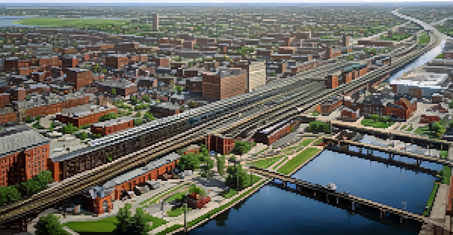 Aerial view of Buffalo's railway infrastructure, displaying the complex network of tracks, industrial zones, and residential areas bathed in morning light.