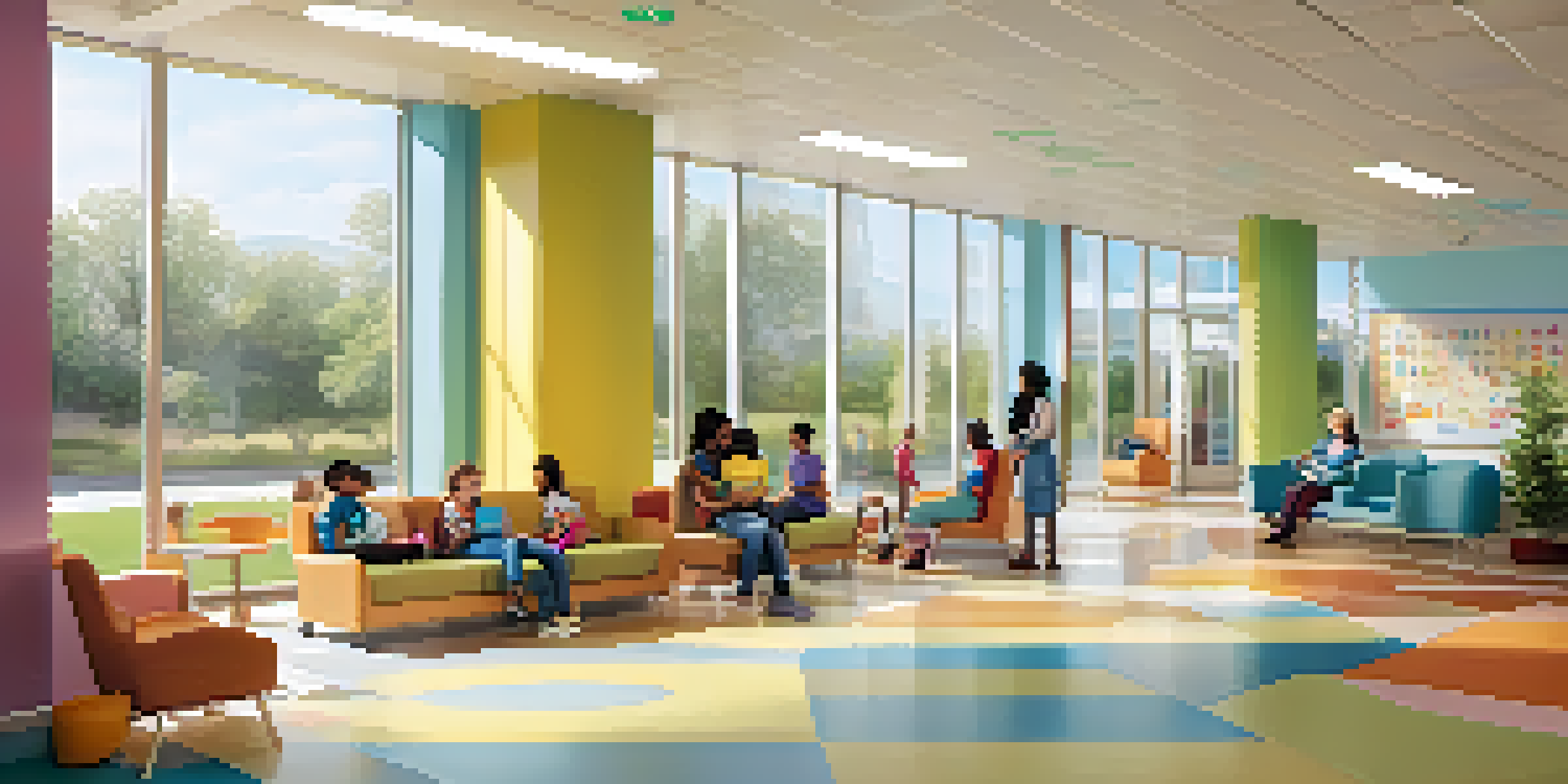A hospital waiting area with colorful artwork, comfortable seating, and children playing with toys under soft natural light.