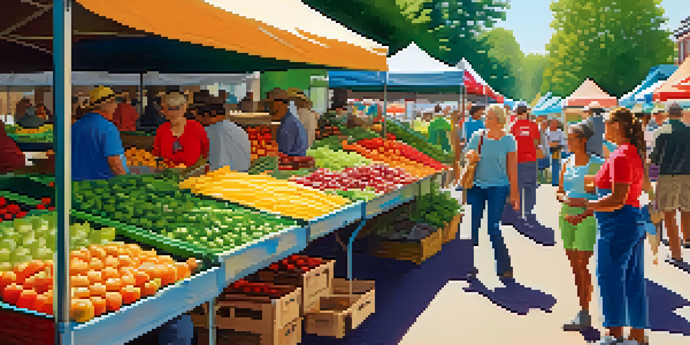 A bustling farmers' market in Buffalo with colorful stalls of fresh produce and diverse people interacting with local farmers.