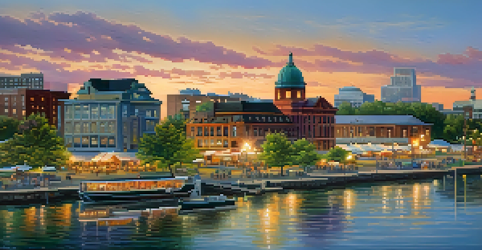 A scenic view of Buffalo's waterfront with parks and restaurants at sunset, showcasing historic buildings in the background.