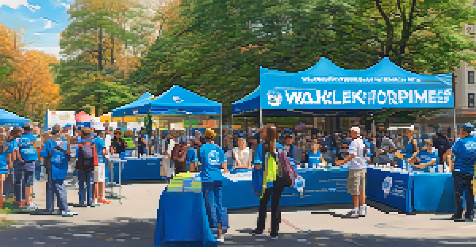 Volunteers setting up an informational booth at Buffalo's Walk for Wishes, engaging with participants on a sunny day.