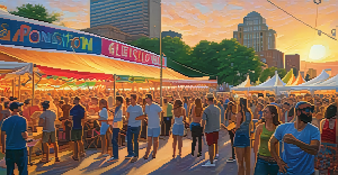 A lively music festival in Buffalo with a diverse crowd enjoying performances, colorful banners, and sunset lighting.