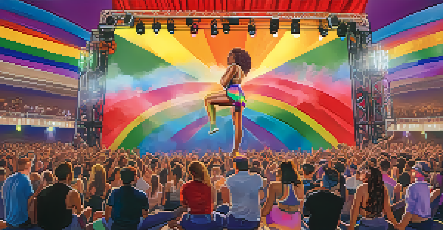 Local LGBTQ+ artists performing on stage at a Buffalo Pride festival, surrounded by an enthusiastic audience and colorful decorations.