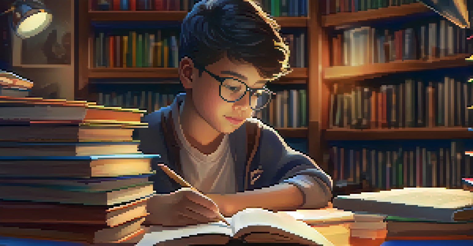 A young student using a tablet in a cozy study space, surrounded by books, showing focus and engagement.