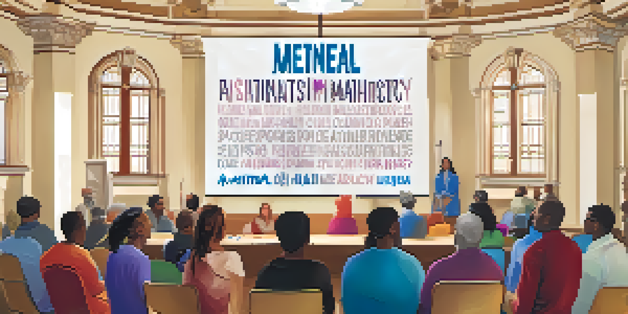 A diverse group of people in a town hall discussing mental health advocacy, with posters and banners in the background.