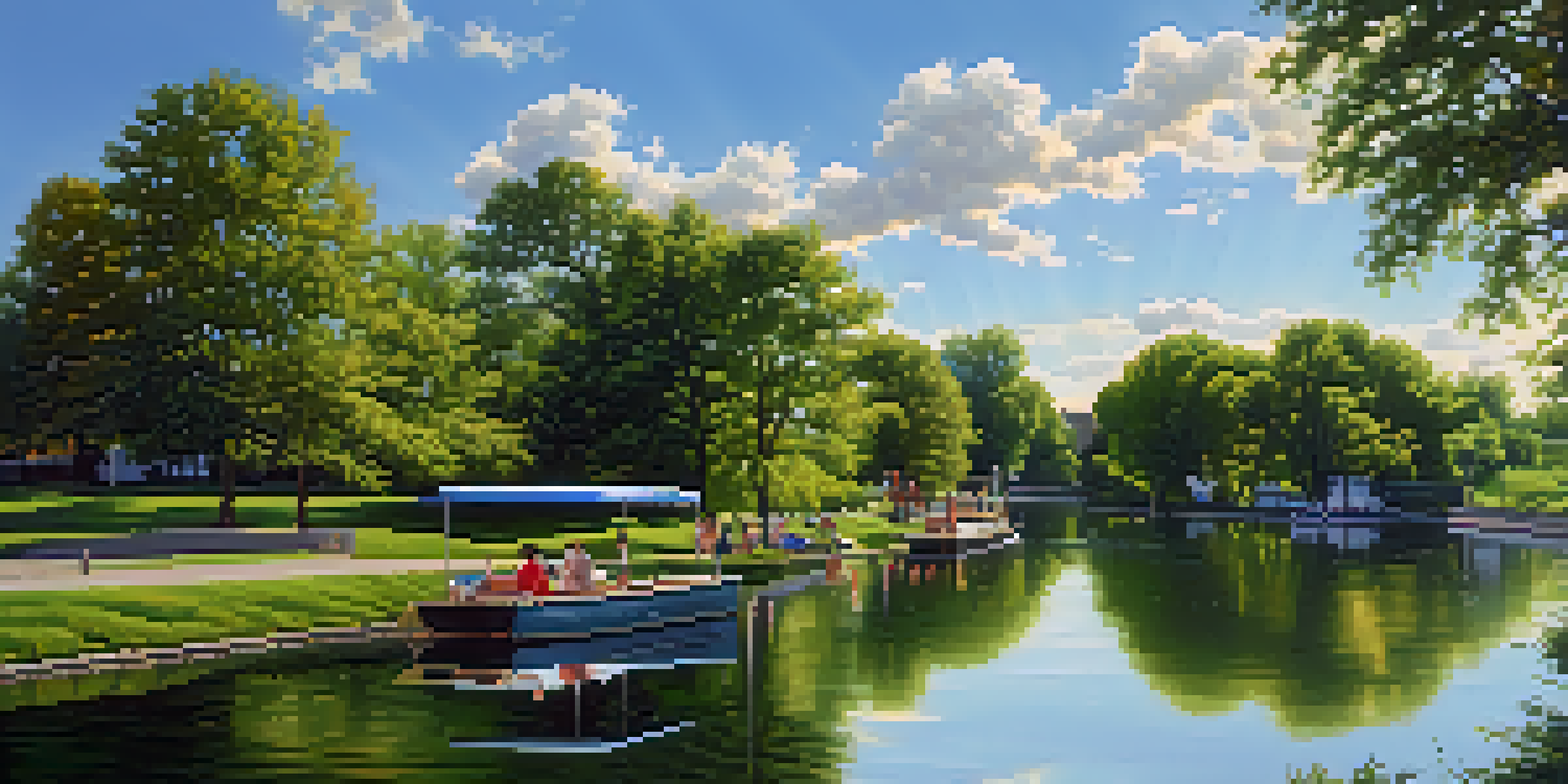 A picturesque scene of the Erie Canal with families picnicking and a boat on the water, surrounded by greenery.