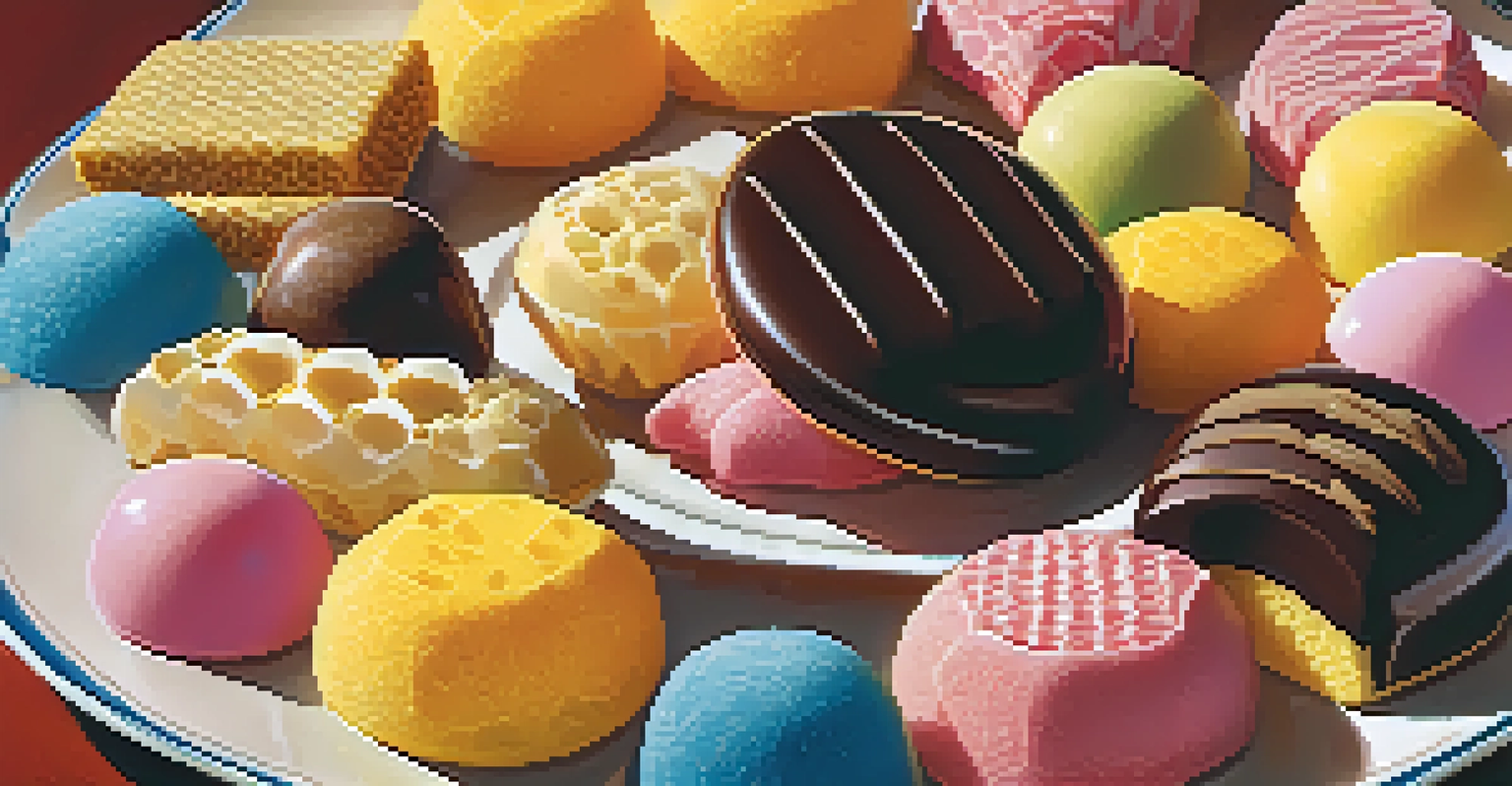 A plate of assorted Buffalo sponge candies, coated in rich chocolate and surrounded by colorful wrappers.