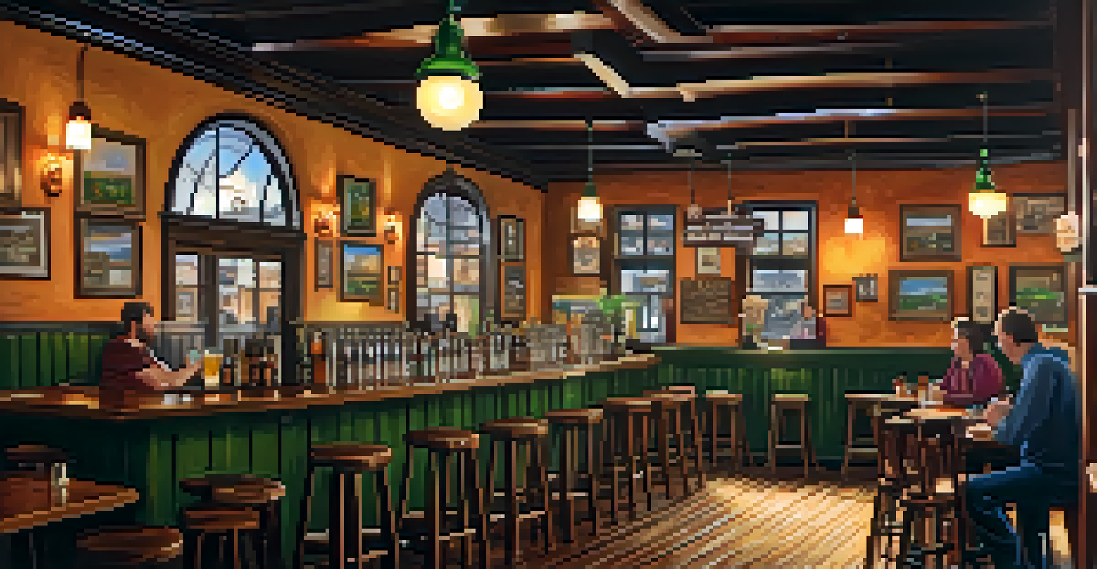 A cozy local pub with rustic decor and patrons enjoying their time together, illuminated by warm lighting.