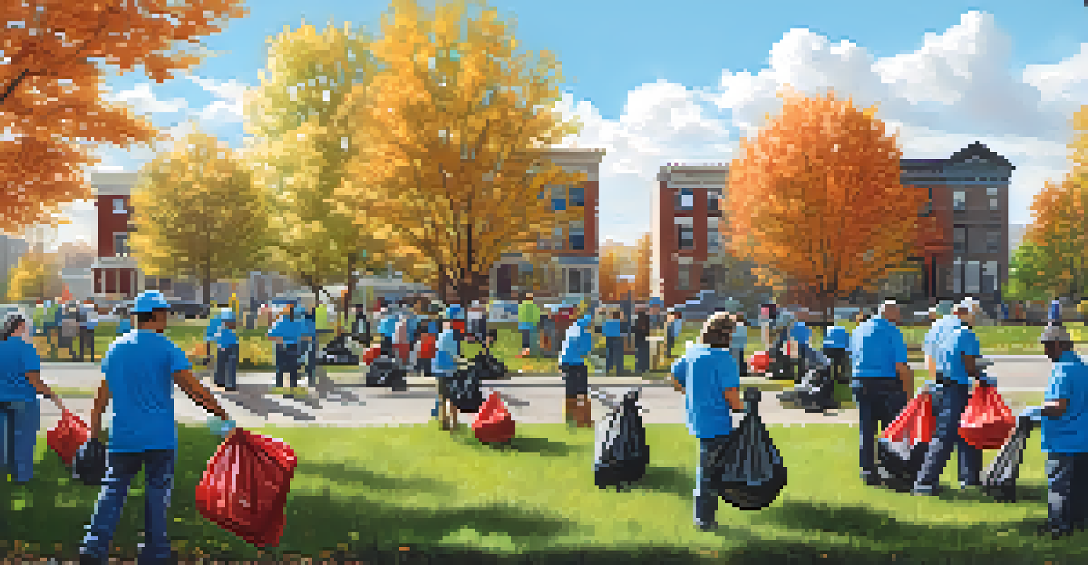 A diverse group of residents participating in a community clean-up event in a park, working together to pick up litter under a clear blue sky.