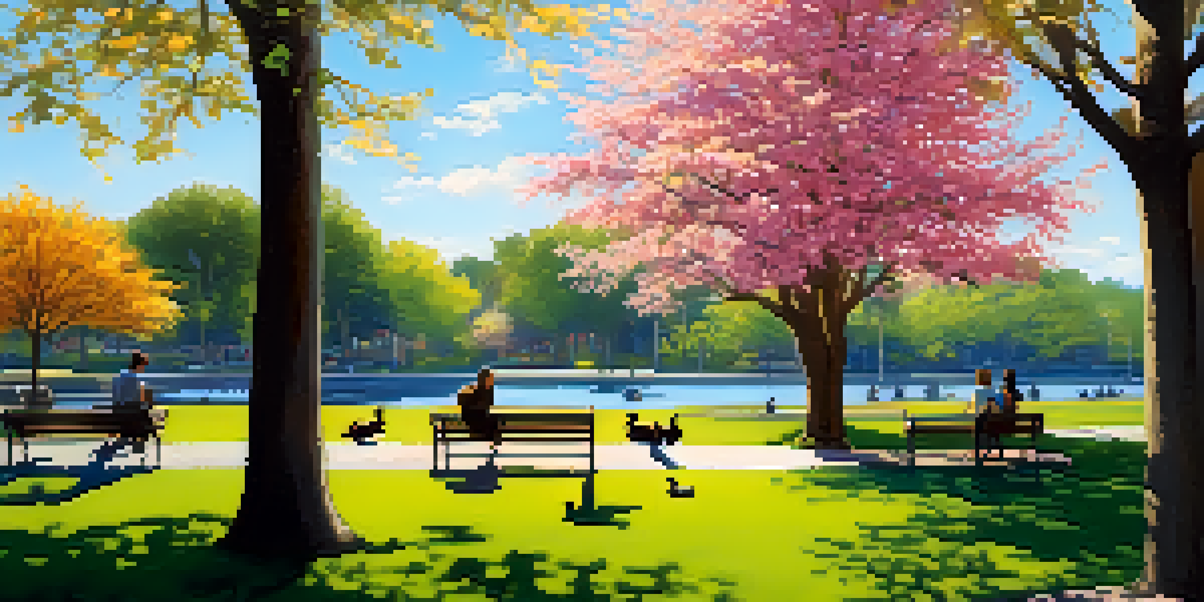 A peaceful urban park in Buffalo with people enjoying the outdoors, surrounded by greenery and flowers.