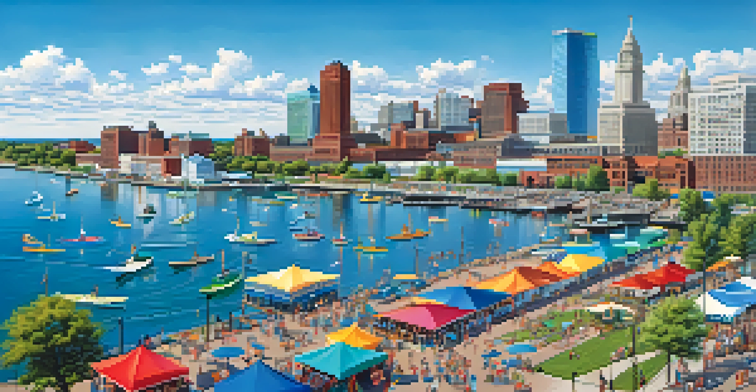 A vibrant festival scene at Canalside with people kayaking and colorful tents set up along the waterfront.