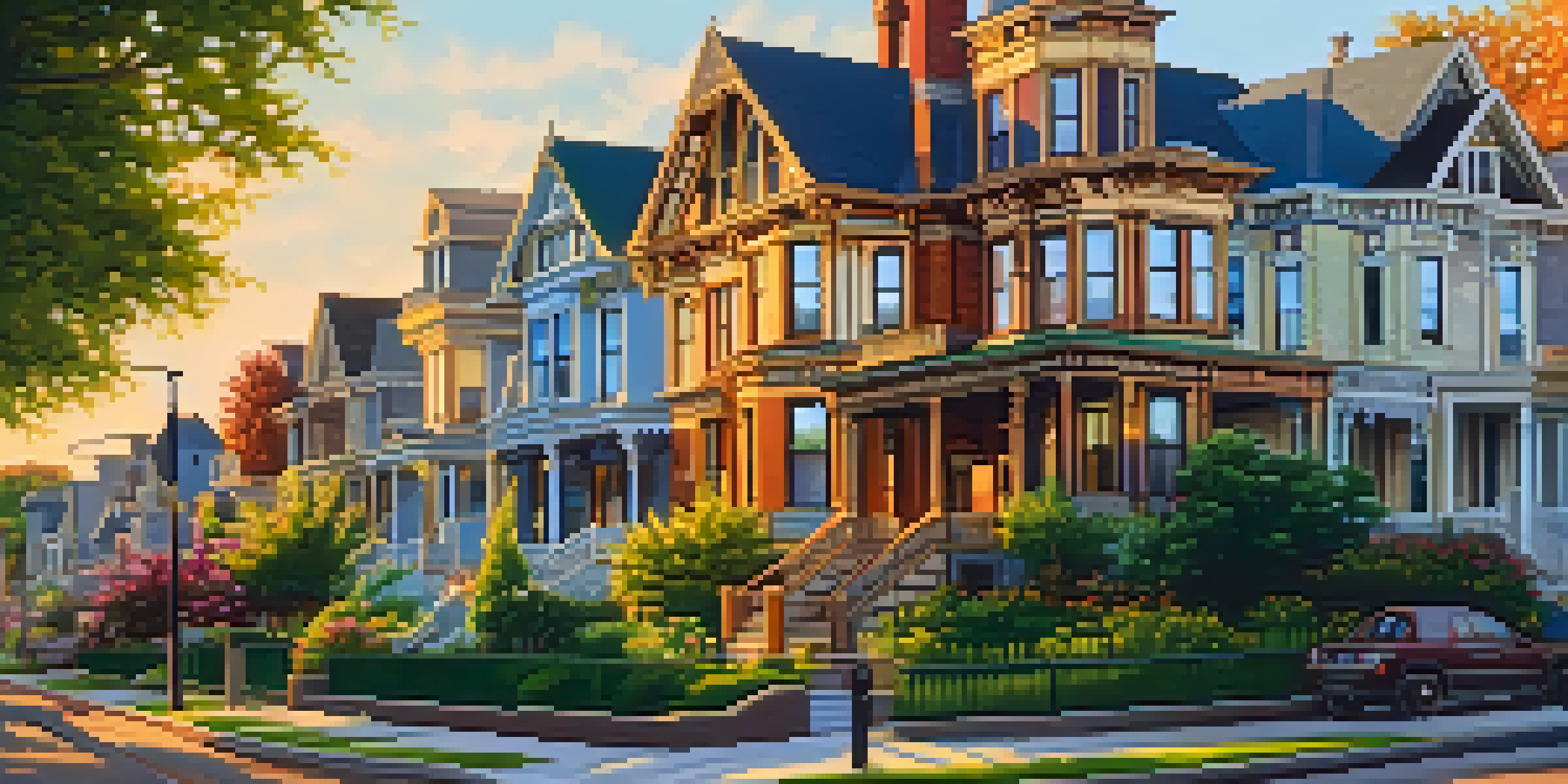 A historic district in Buffalo with restored Victorian houses, featuring ornate designs and blooming flowers under warm sunlight.