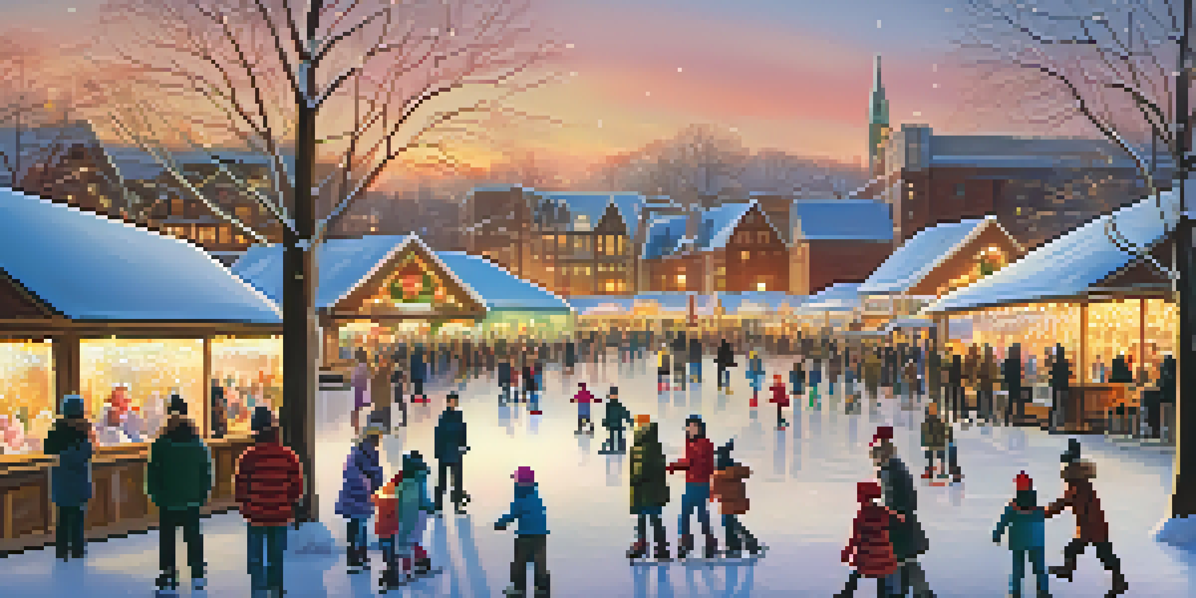 Families enjoying ice skating at Canalside with a sunset and festive lights.