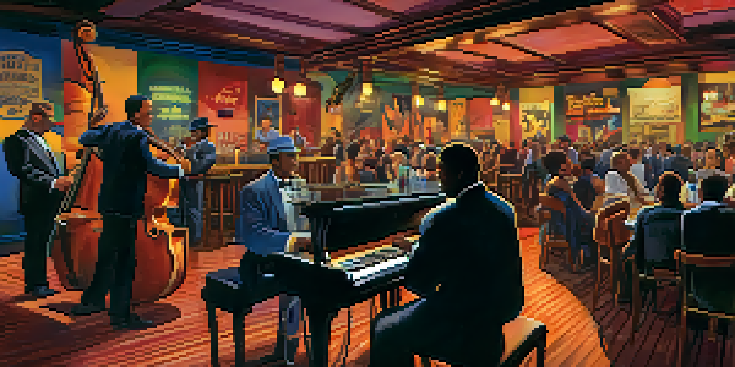 A vibrant jazz club in Buffalo with musicians on stage and an engaged audience enjoying the performance.