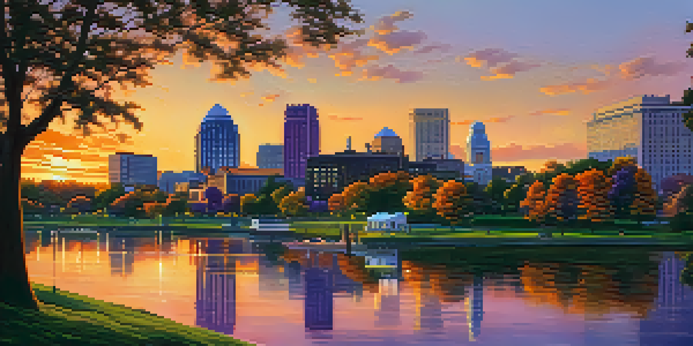 A scenic sunset view of Buffalo's skyline, featuring a mix of modern and historical buildings surrounded by greenery and people in a park.