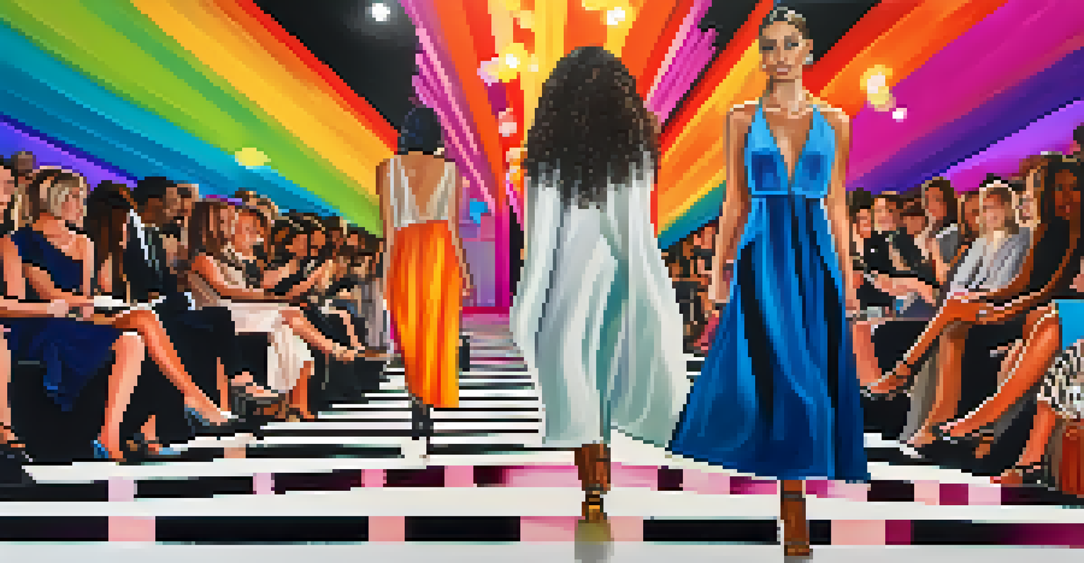 A fashion show in Buffalo with models on the runway showcasing eclectic designs, with an engaged audience in the background.