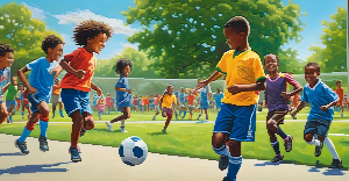 A diverse group of children playing soccer in a sunny park, with cheering parents in the background.
