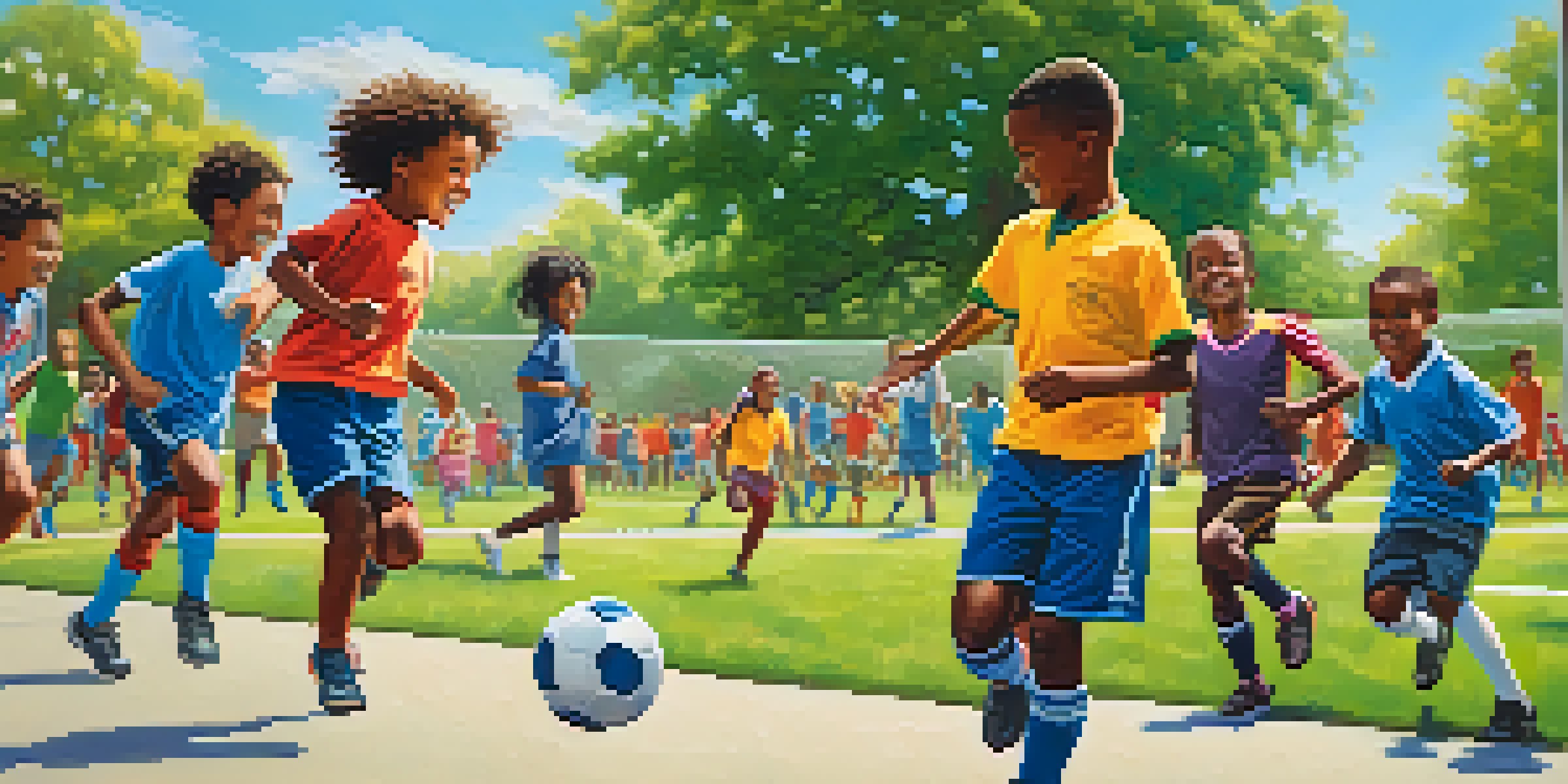 A diverse group of children playing soccer in a sunny park, with cheering parents in the background.