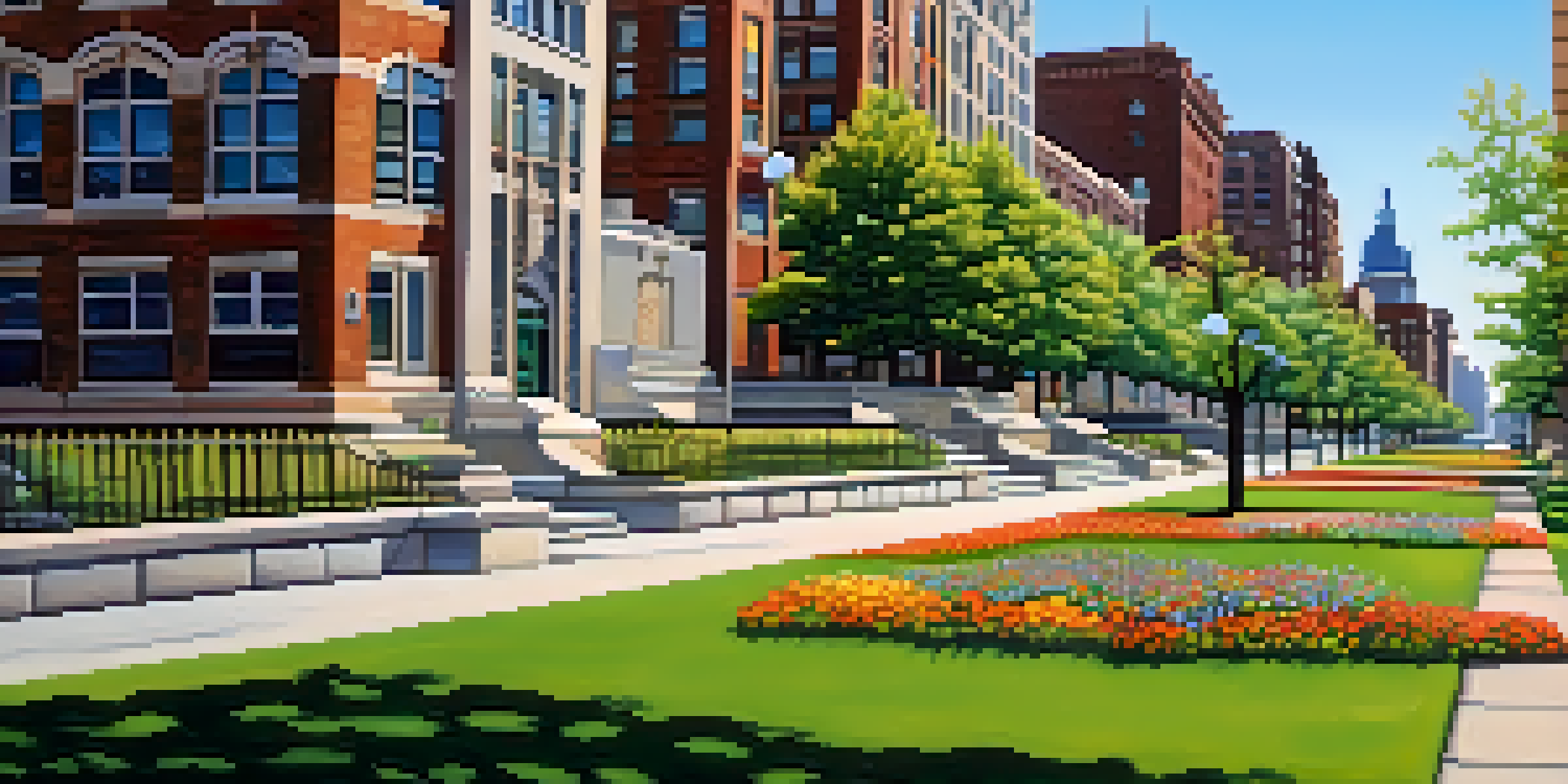 A vibrant urban scene featuring Buffalo's Art Deco buildings with detailed architecture and a sunny park in the foreground.