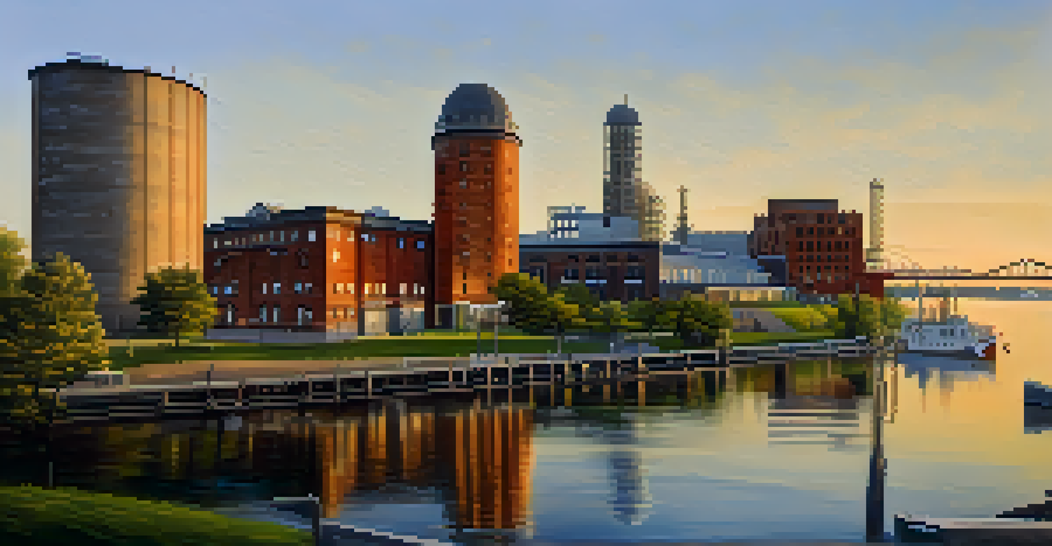 A blended image showing the transformation of Buffalo's waterfront with industrial elements and new green spaces during sunset.