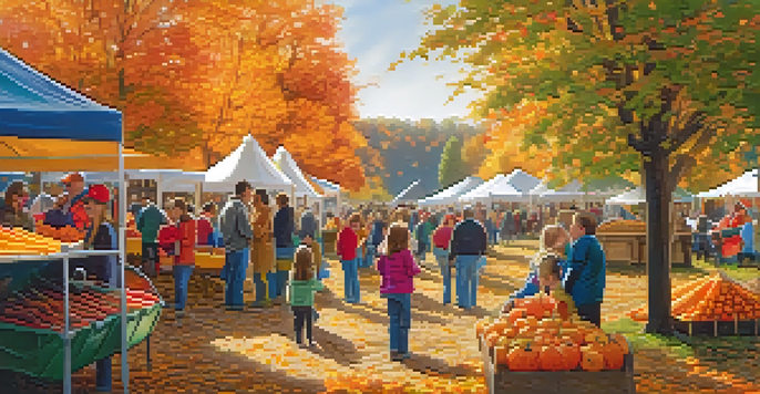 A vibrant fall harvest festival in Buffalo, with families in a corn maze and farmers displaying colorful produce under warm sunlight.