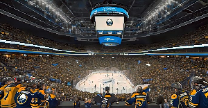 A lively crowd at the KeyBank Center cheering for the Buffalo Sabres, with fans in team colors and joyful expressions.